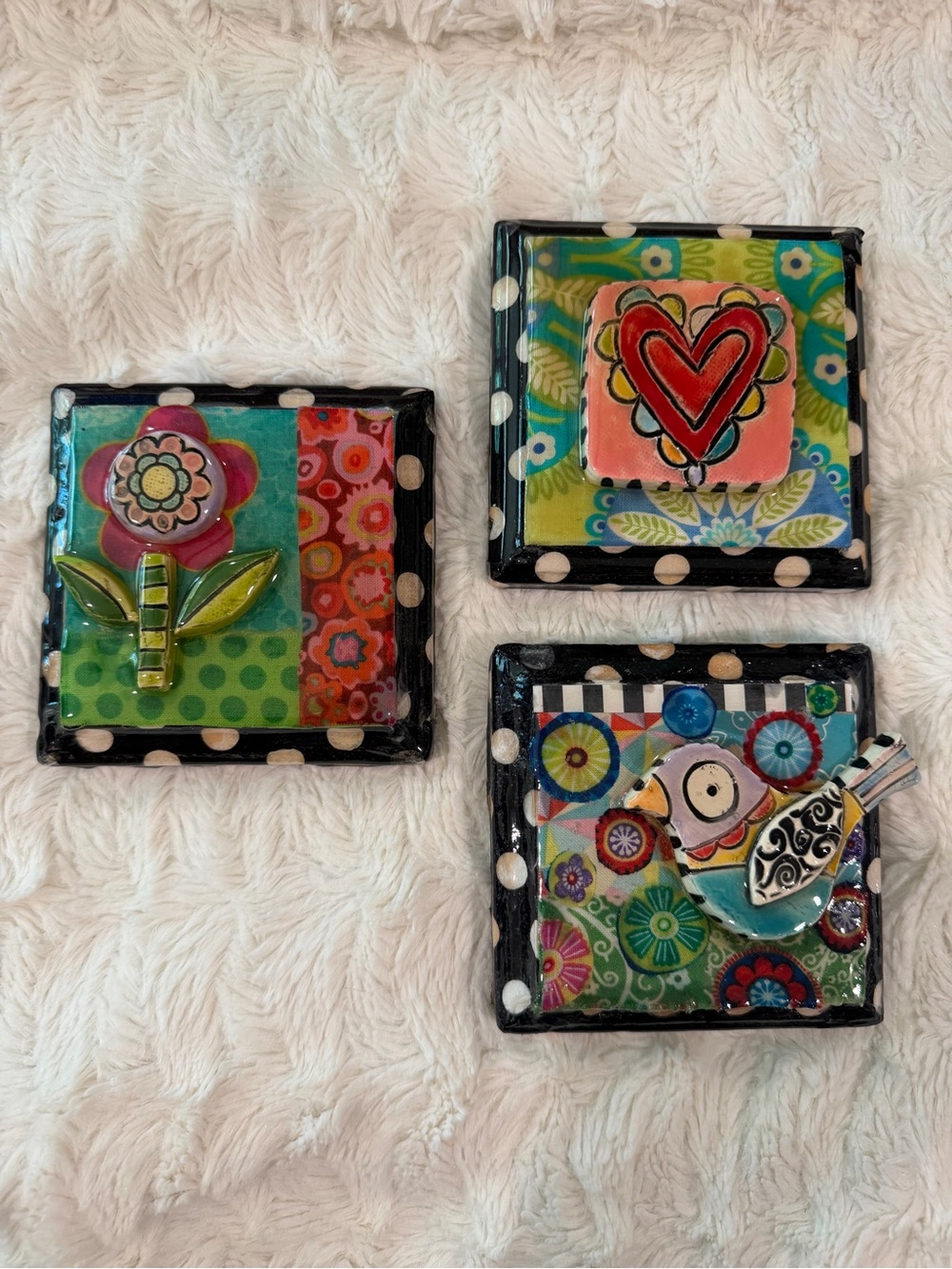 Colorful Floral & Heart Ceramic Tile Trio